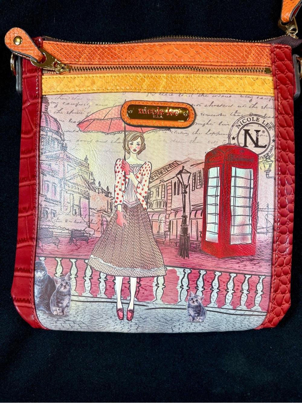 Nicole Lee London Girl Crossbody Bag Red Telephone Booth Cats